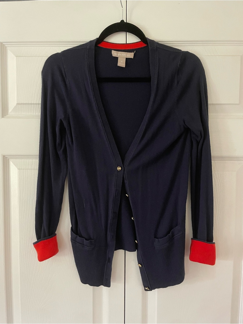 Banana Republic Navy Cardigan with Red Cuff Detail